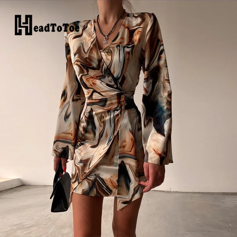 

Marble Print Long Sleeve Sexy Wrap Dress Women