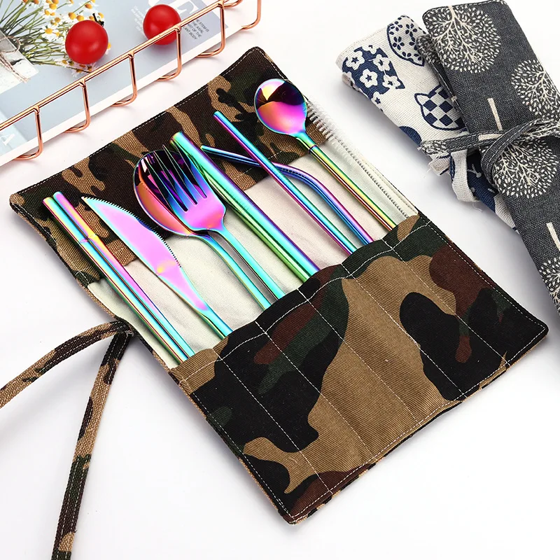 

9 Piece Set Tableware 304 Stainless Steel Knife Fork Spoon Chopsticks Straw Set Creative Portable Outdoor Tableware Accessories