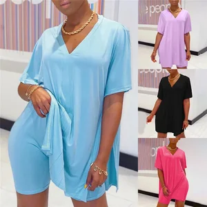 Imported Women's V-Neck Summer Pajamas Solid Color Split Shirts Sexy Women's Tops Shorts Sets Breathable Comf