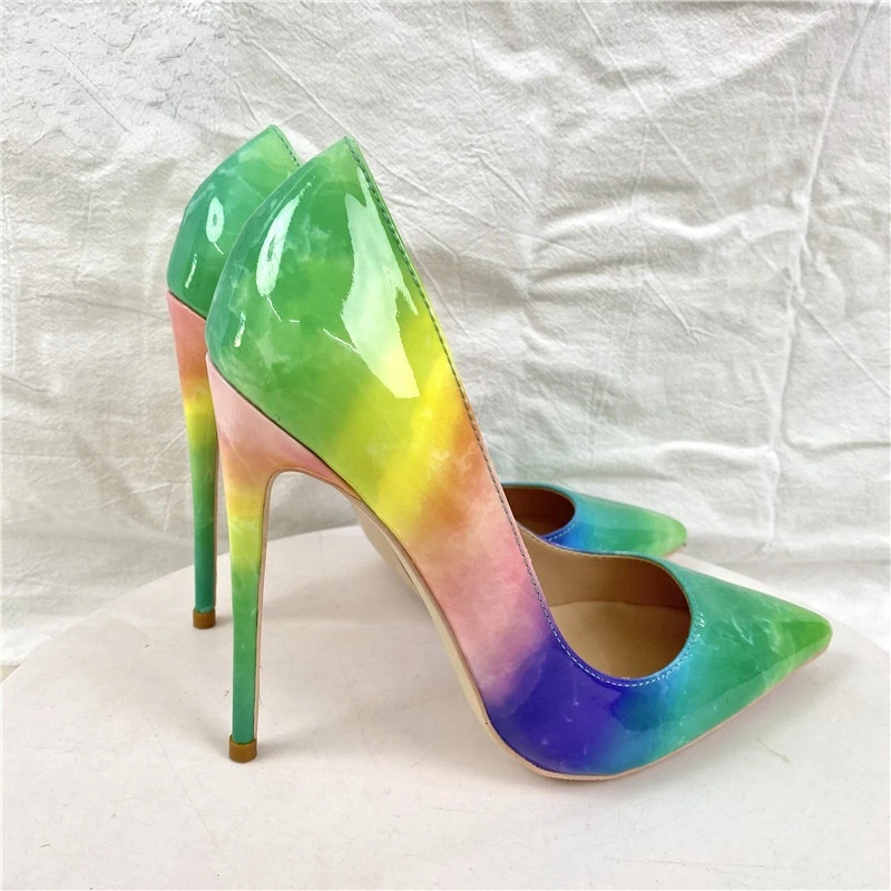 

Shiny Color Gradient Patent Leather Women's Pointed Toe Stilettos Sexy Ladies Banquet Slip-On Heels 8cm 10cm 12cm Party Shoes