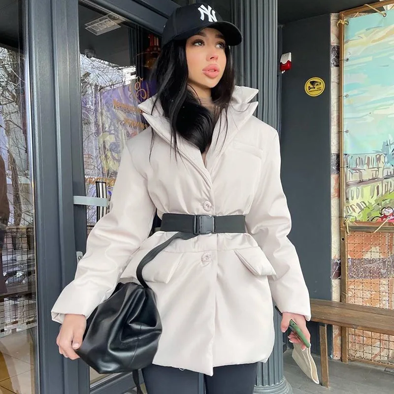 Autumn and Winter Waist Mid-length 2021 Fashion Padded Jacket with Lapel Temperament Pure Color Bright Face Long-sleeved Jacket