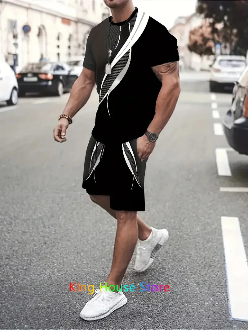 New Summer Fashion Men's 2 Piece Set Tracksuits Casual Short Sleeves T-shirt+Shorts Sportwear Oversized Male Clothes Set