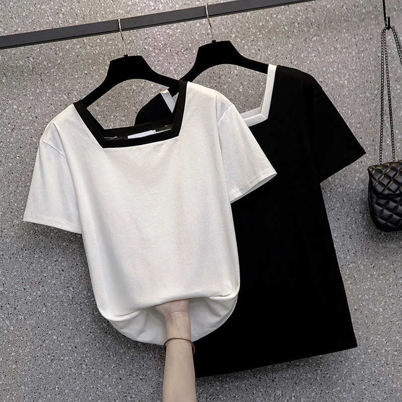 

2022 Women T-shirt Summer Clothes Ribbed Knitted ShortSleeve Tops Design Tee Sexy Female Slim Black White Gray Tops 4XL