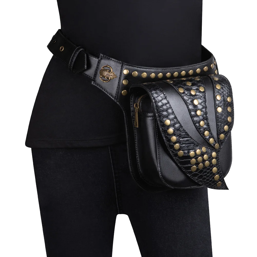 

Retro Steam Punk Leather Waist Bag Serpentine Crossbody Bag Rock Crocodile Gothic Rivet Fanny Packs Fashion Motorcycle Leg Bags
