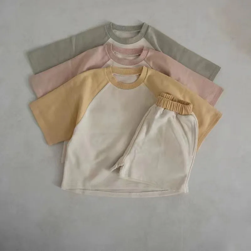 

Spring Summer Kids Tracksuit Girl Baby Patchwork Sports Casual T-shirt Suit Boy Children Cotton Short Sleeve Tops + Shorts 2 Pcs