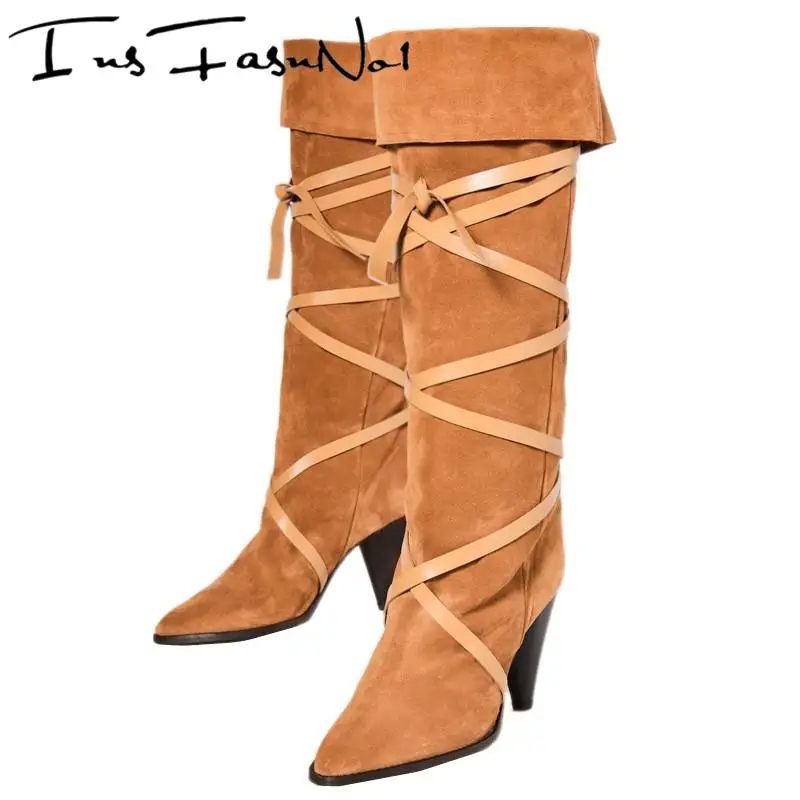 

Suede Over Knee Heel Boots Spike High Heel Thigh Shoes Genuine Leather Wraparound Self-Tie Straps Long Boots Pointy Western Shoe