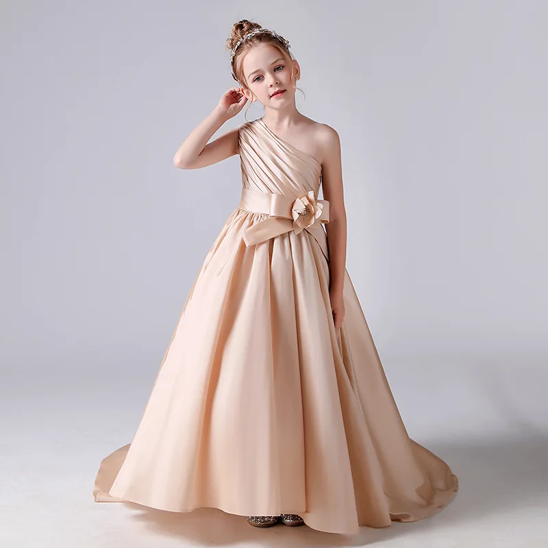 Children's Luxury Party Dress Kids Girl Single-Off-Shoulder Plain Pleated Maxi Mermaid Dresses Child Long Ball Gowns Vestidos