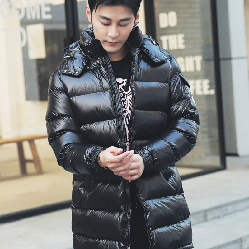 

Мужской теплый пуховик средней длины, на белом утином пуху, с капюшоном