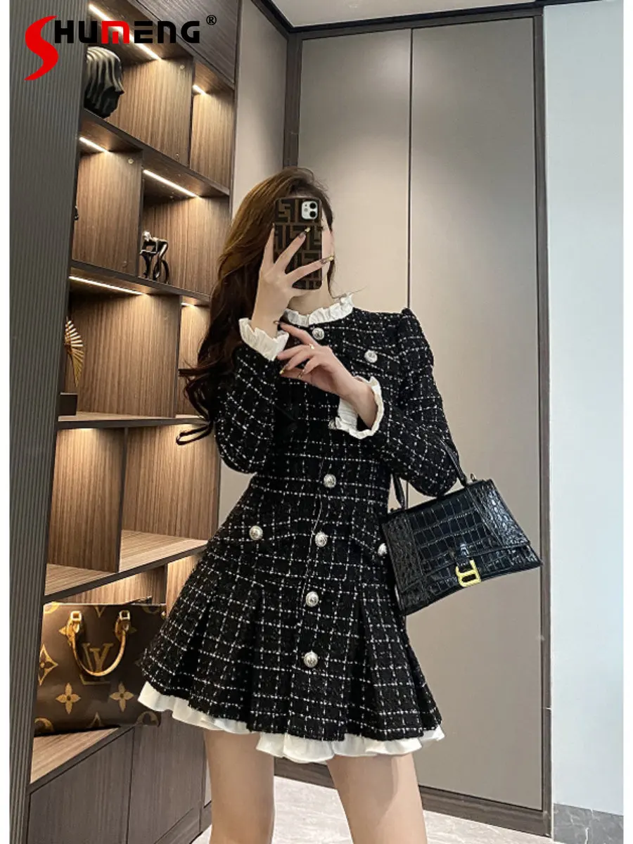 Fashion Fil-Lumiere Design Tweed Dress Women Autumn Winter New French Style Hepburn Western Style Slim Fit Plaid Pleated Dress