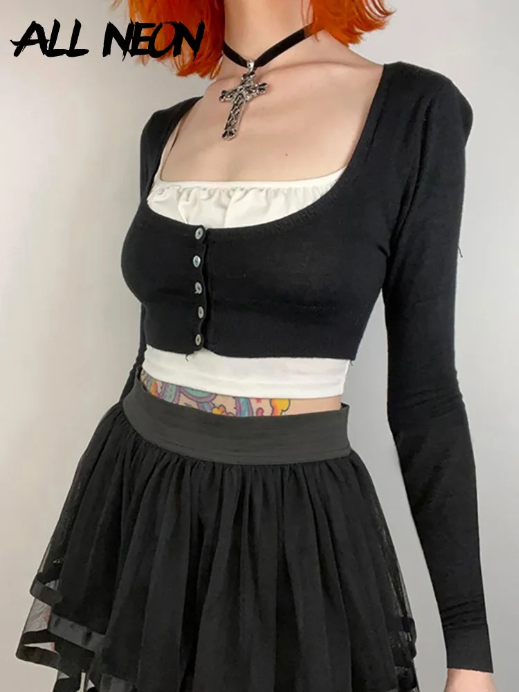 

ALLNeon 90s Vintage Fairycore Patchwork Black Crop Tops Y2K Retro Streetwear Ruched Square Neck Buttons Up Long Sleeve T-shirts