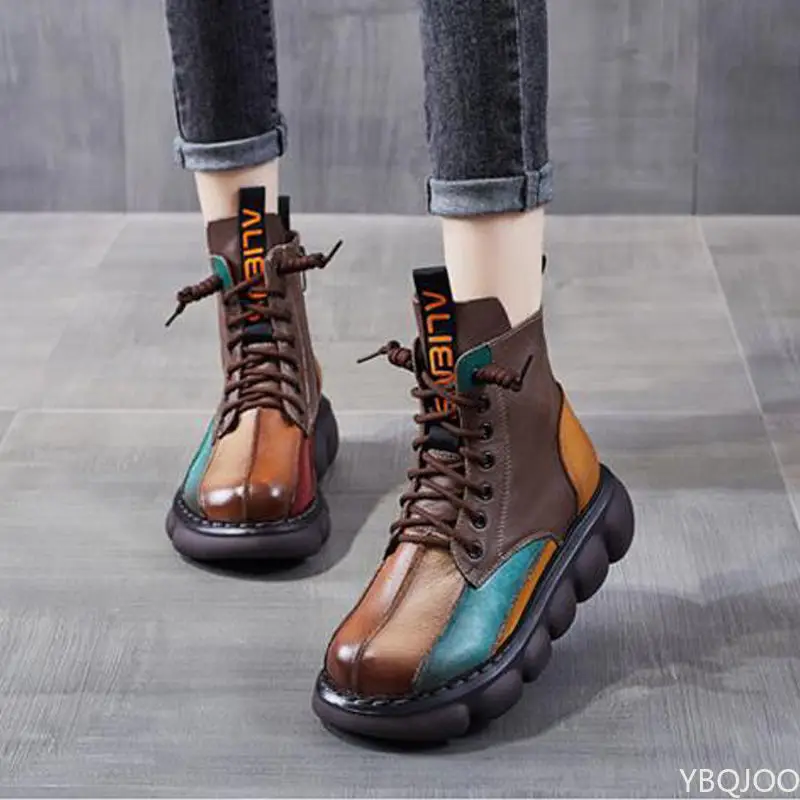 

2022 Autumn Mixed Color Shoes Women Boot Fashion Round Toe Lace Up Retro Handmade Casual Platform Ankle Boots Ladies Short Boots