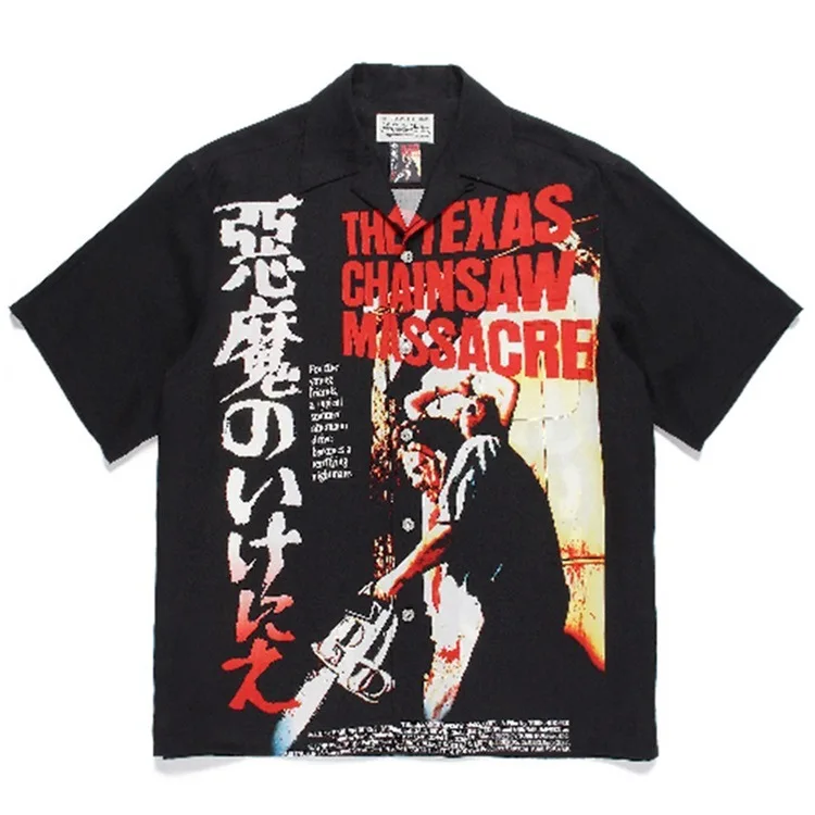 

Guiltyparties Tiger Texas Chainsaw Devil Short Sleeve Wacko Maria Hawaiian Graffiti Printed Shirt for Men Summer Loose