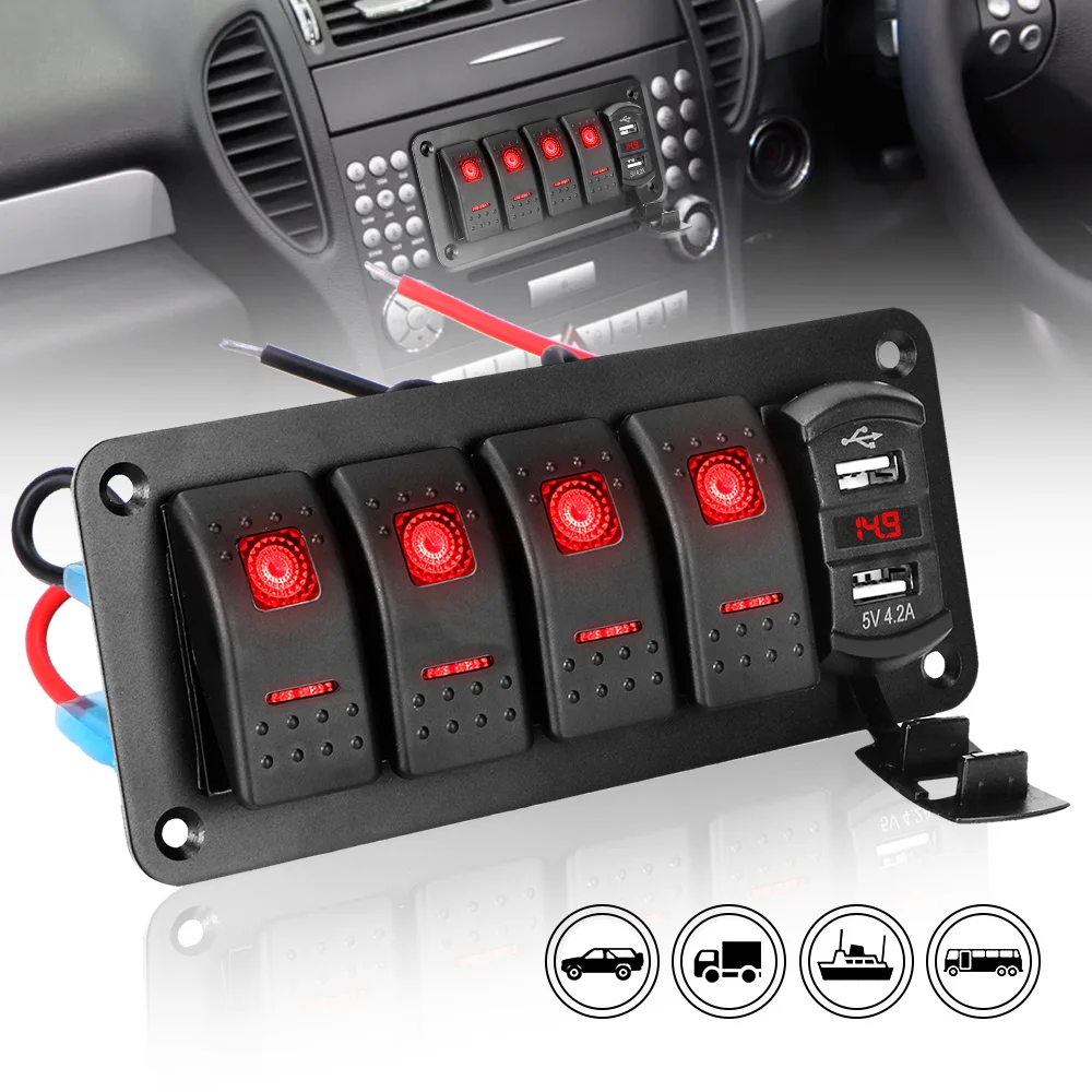 

Dual USB Port 4 Gang Toggle Rocker Switch LED Switch Panel +Sticker For Car Marine Digital Voltmeter 12V/24V