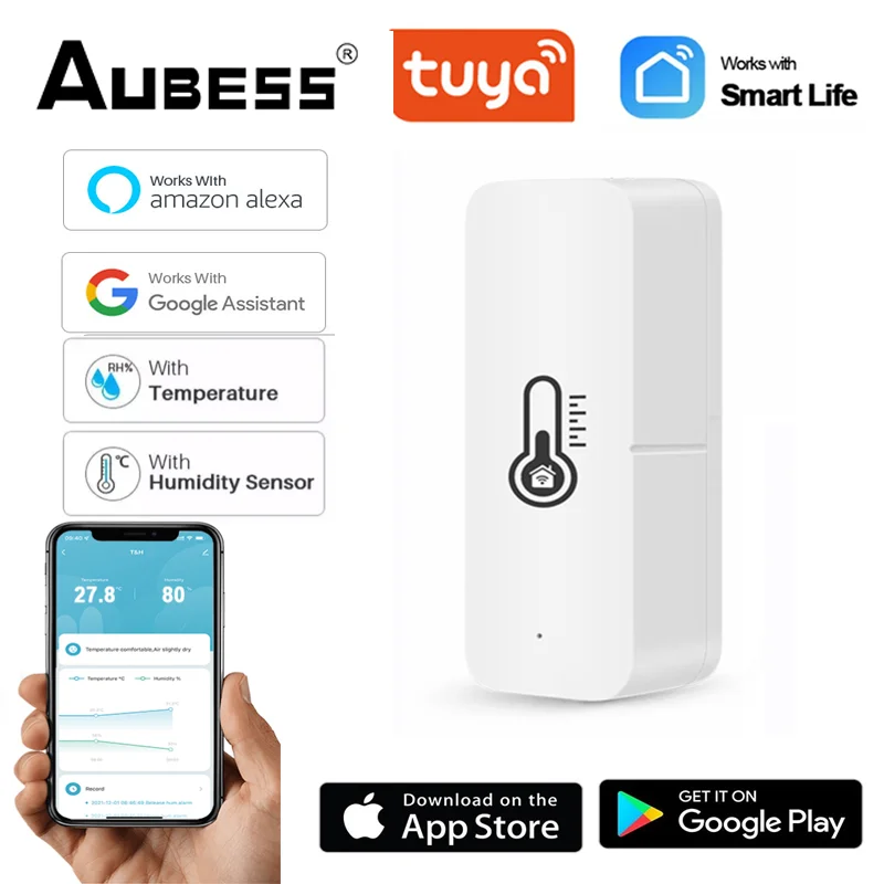 

Умный Wi-Fi датчик температуры и влажности Tuya, дистанционный монитор для умного дома, работает с приложением Alexa и Google Assistant