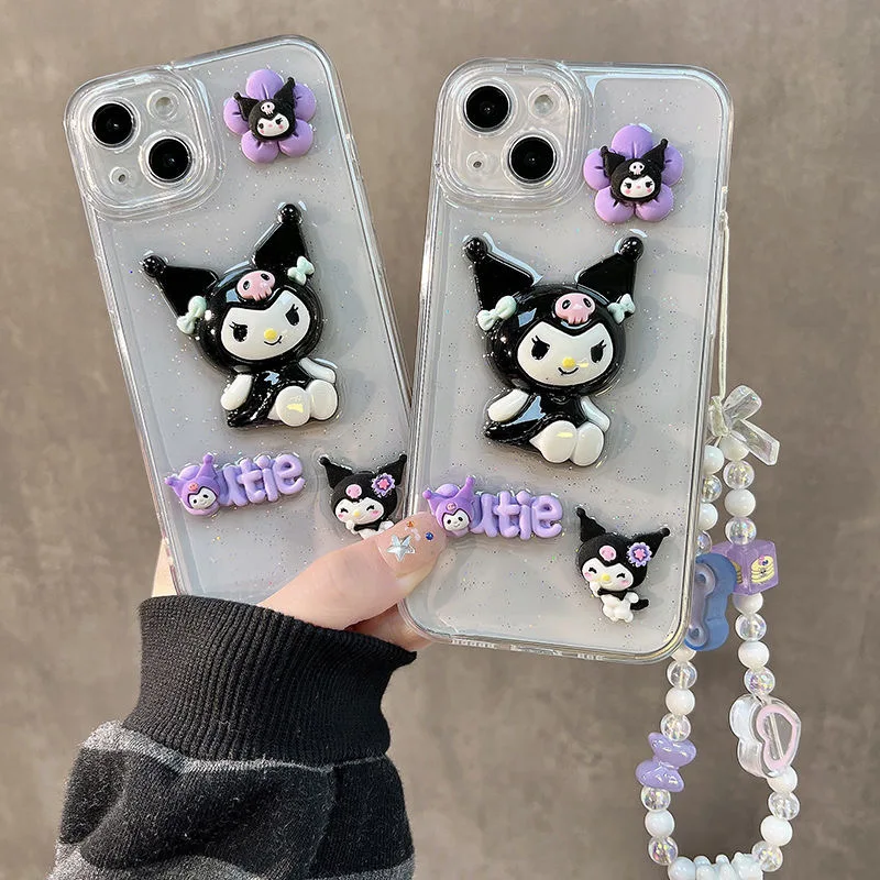 Sanrio Kuromi With Pendant Phone Cases For iPhone 14 13 12 11 Pro Max XR X XS MAX Plus Transparent Anti-fall Cover