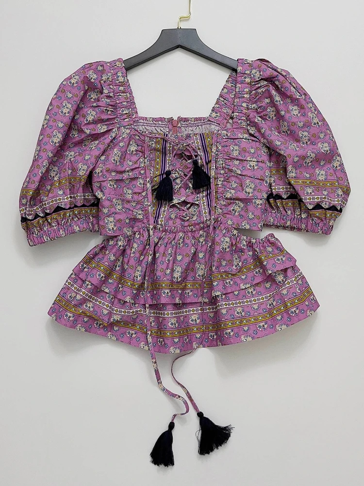 

Женская винтажная рубашка, фиолетовый топ с квадратным вырезом и цветочным принтом, на шнуровке, для отпуска, лето 2023