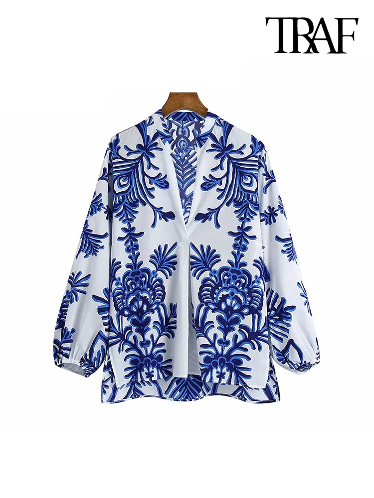 

TRAF Women Chic Fashion Totem Print Asymmetric Blouses Vintage Long Sleeve Side Vents Female Shirts Chic Tops