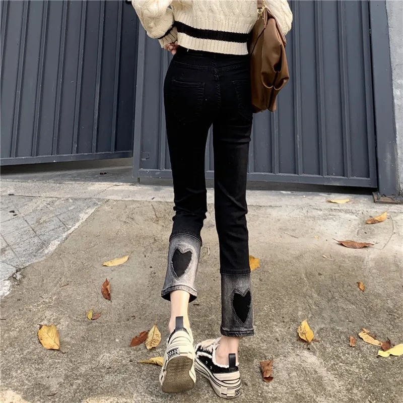 

N6762 New design love retro cigarette pants high waist slim nine points straight pants jeans