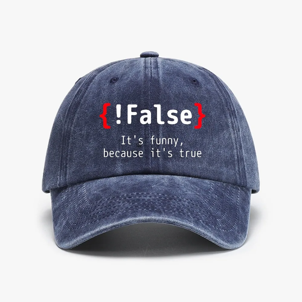 Фото Забавная кепка с надписью «False It's Funny Because It's True Programming» в стиле ковбойской бейсболки, модная ретро-кепка из выстиранного денима, повседневная джинсовая кепка для гольфа, солнцезащитная кепка. №2