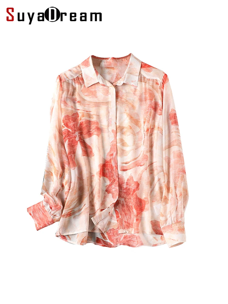 SuyaDream-camisas florales de seda 100% para mujer, blusas elegantes de manga larga con cuello vuelto, ropa rosa para primavera y otoño, 2022
