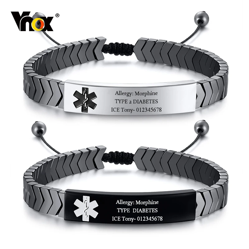 

Vnox Free Custom Engrave Medical Alert ID Bracelets for Men, Hematite Arrows Chain Bracelet, Length Adjustable Stackable Braslet