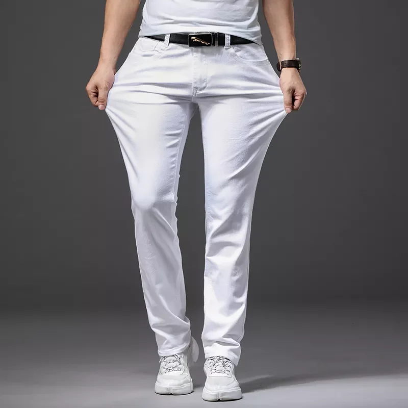 

New2022 Spring New Men's Stretch White Jeans Classic Style Slim Fit Soft Trousers Male Brand Business Casual Pants