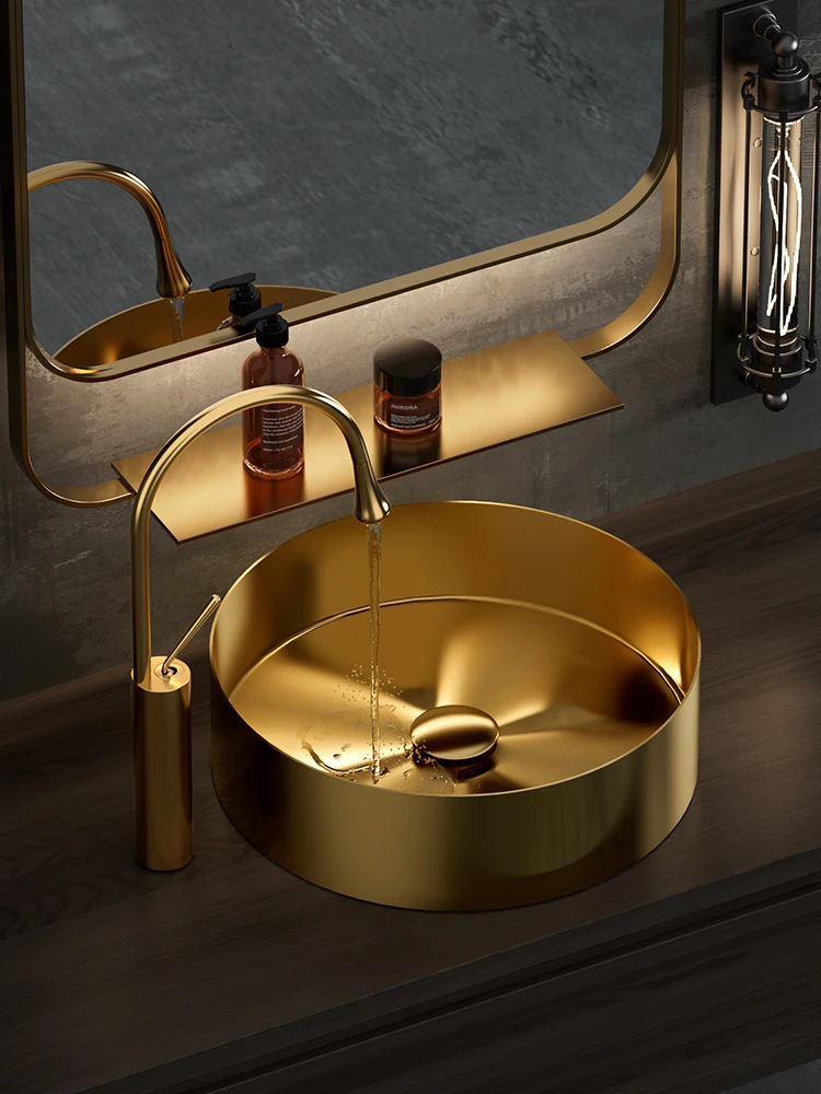 

Golden Stainless Steel Table Basin Light Luxury Thin Edge Integrated Wash Basin Art Basin Bathroom Black round Washbasin