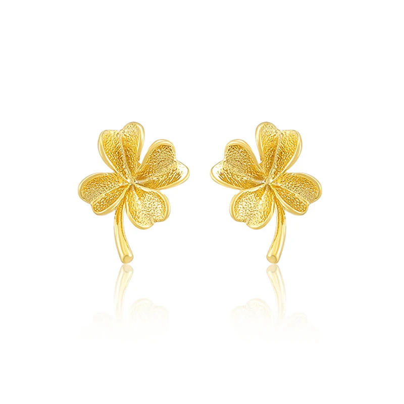 GUANGYAO Women 24K Gold Plated Lucky Grass Small Fresh Earrings Female Gold-Plated Clover Bridal Wedding Fine Jewelry Gift Girl