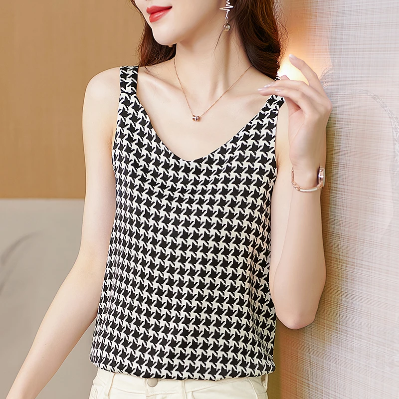 

Женская блузка без рукавов, летняя Клетчатая повседневная кофта из полиэстера, модная популярная блузка для молодых девушек, 2022