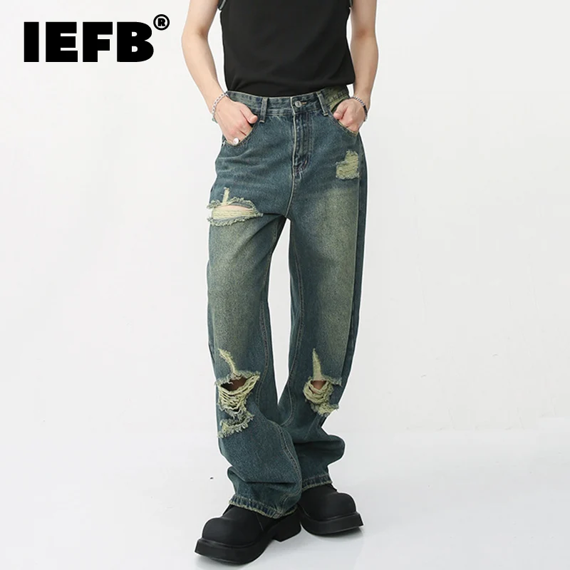

IEFB American Style High Street Men's Hole Jeans Fashon Washed Hip Hop Trendy Male Denim Pants 2023 New Straight Trousers 9A8488