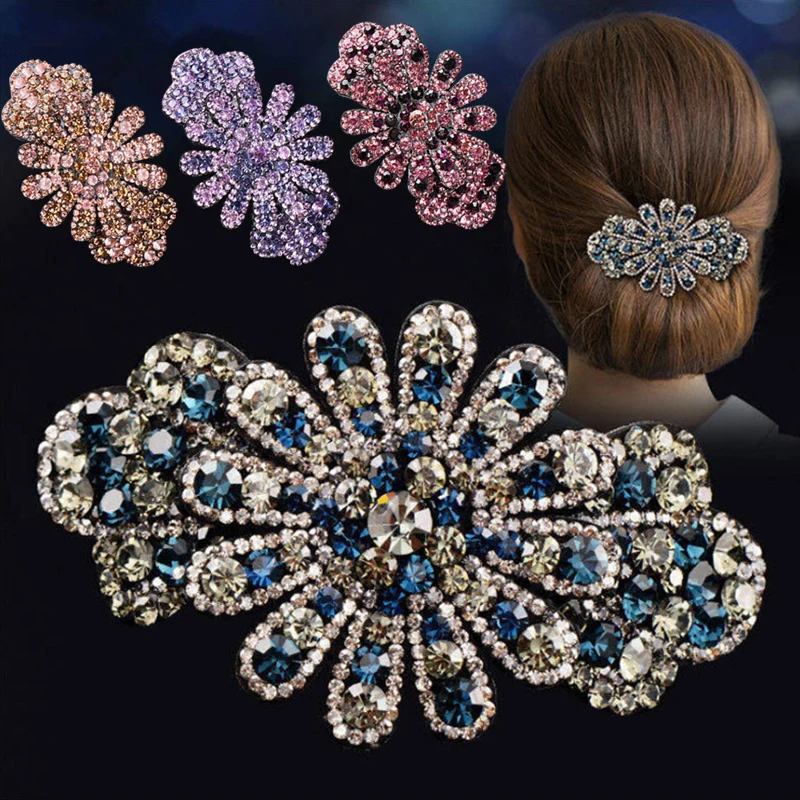 

Vintage Rhinestone Hair Clip Crystal Flower Barrettes Elegant Hairpin Ponytail Top Spring Clip Women Jewelry Hair Accessories