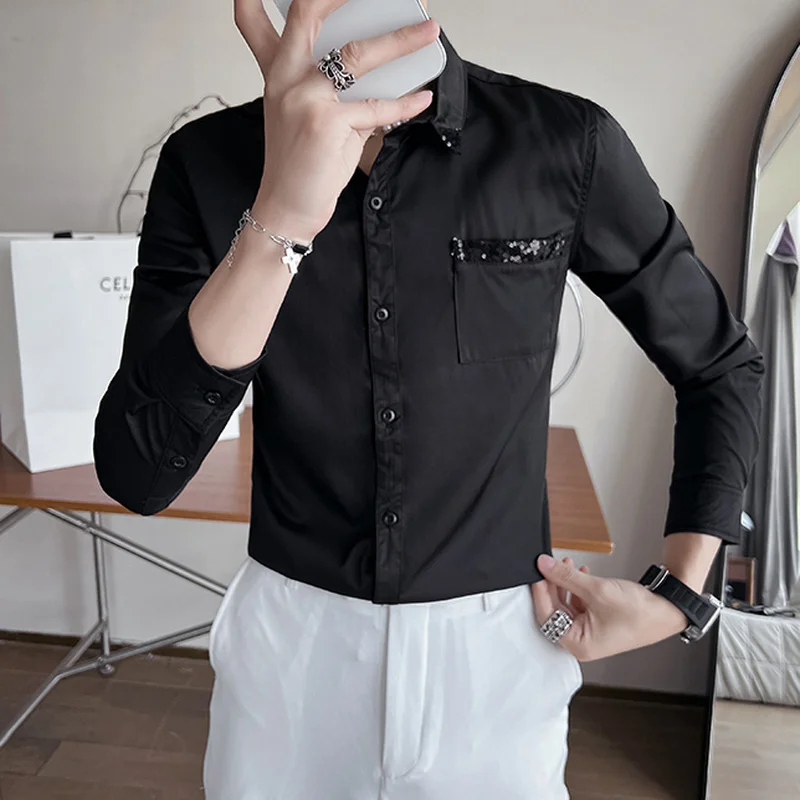 2022 Autumn Sequin Decoration Men's Shirts Long Sleeve Slim Casual Shirt Social Party Tuxedo Blouse Nightclub Streetwear S-5XL