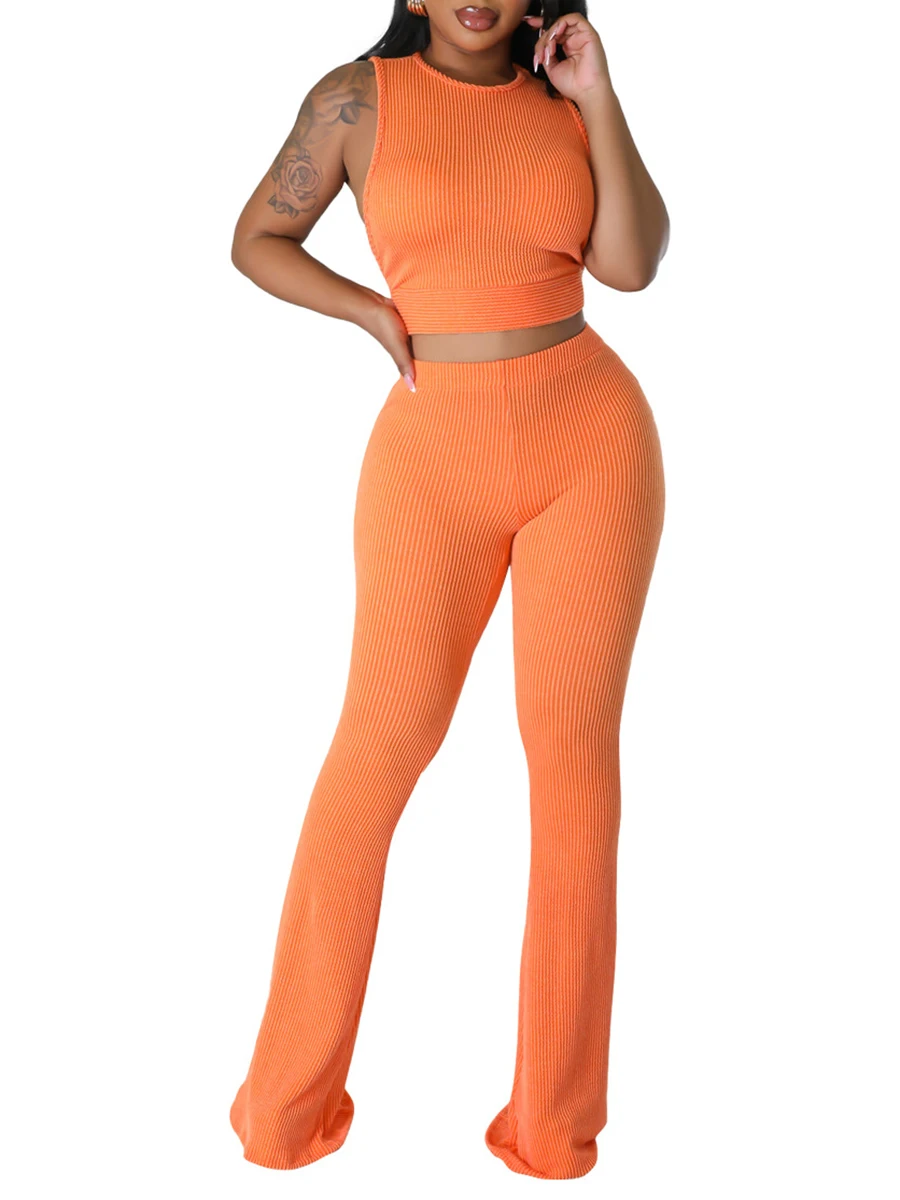 

Women 2 Piece Outfits Solid Color Ribbed Cropped Tank Tops and Elastic Flared Pants Set Streetwear Aesthetic Clothes