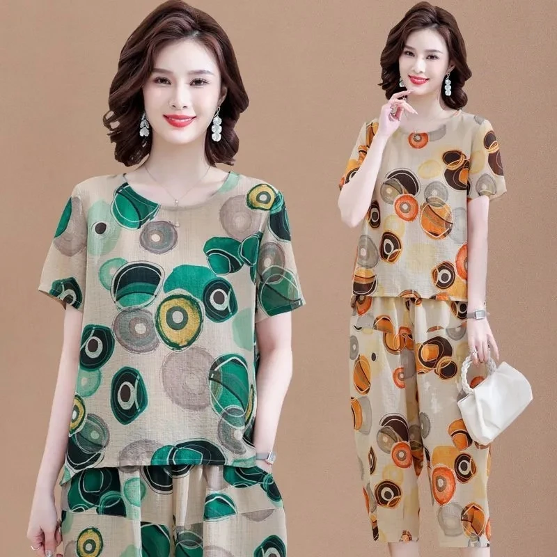 Новые летние комплекты из футболки с коротким рукавом костюм хлопка и льна для
