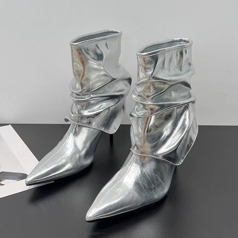 Сексуальные ботильоны на высоком каблуке с острым носком кожаные плиссированные