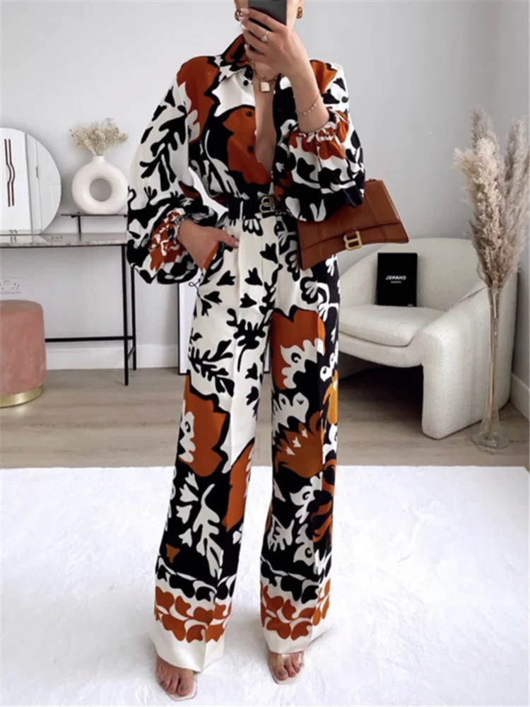 

PB&ZA summer new women's retro loose puff sleeves printed shirt drape mid-waist printed wide pants pleated pants chic 2843/180