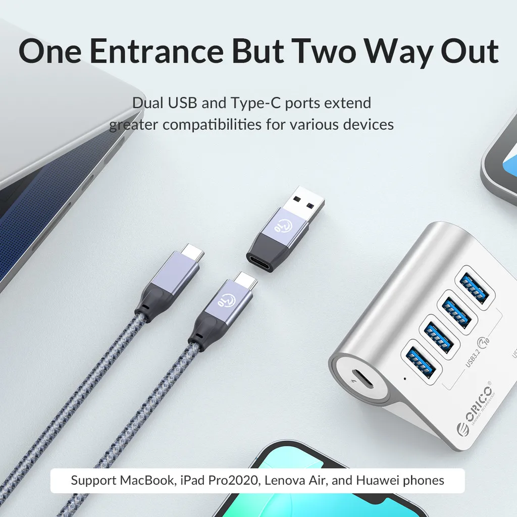 Фото Многофункциональный док-хаб ORICO USB 3.2 10 Гбит/с с 4/7 портами, разветвителем Type-C и адаптером для зарядки PD60W для ПК и ноутбуков №3
