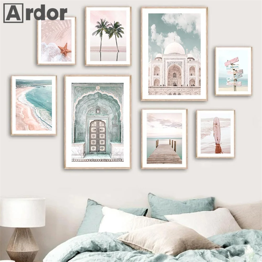 

Купол Исламской мечети, художественная живопись, розовый пляж, пальма, доска для серфинга, плакаты с морскими звездами, Скандинавская Насте...