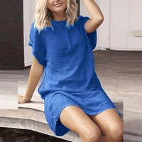 pullover cotton and linen loose o neck women casual dress summer short sleeve solid color short dress new fashion mini dress hot