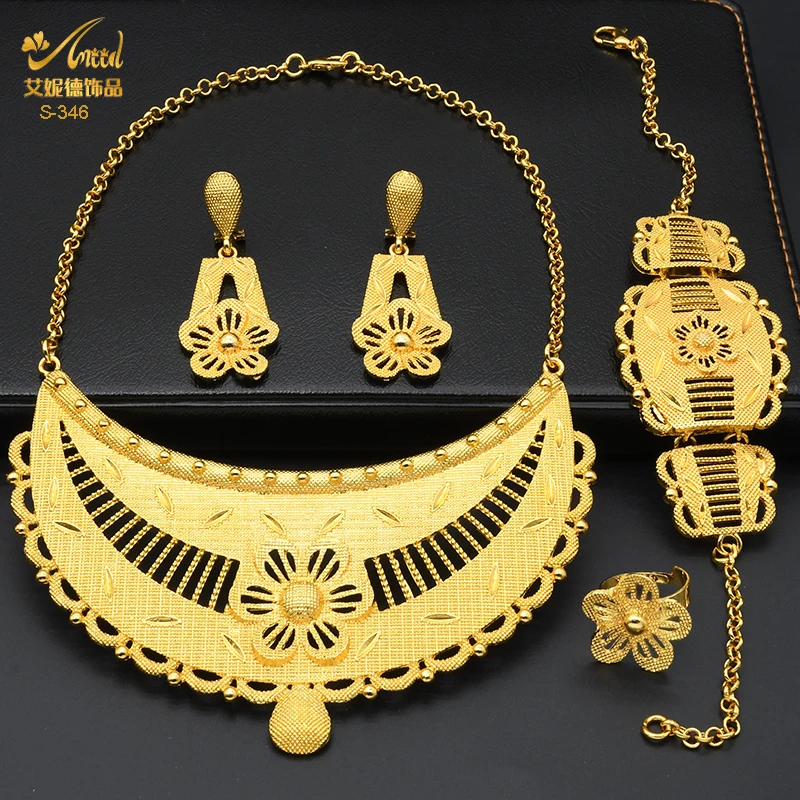 

ANIID Indian Gold Plated Necklace Bracelets Jewelry Set Dubai Middle East Women Wedding Party Gifts African Jewelry Necklace Set