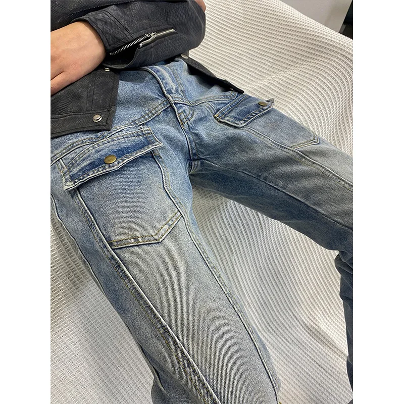 Mens Jeans High Street Zipper Hiphop Slim Retro Light Blue Denim Pants Men and Women Trend Full Length Trousers