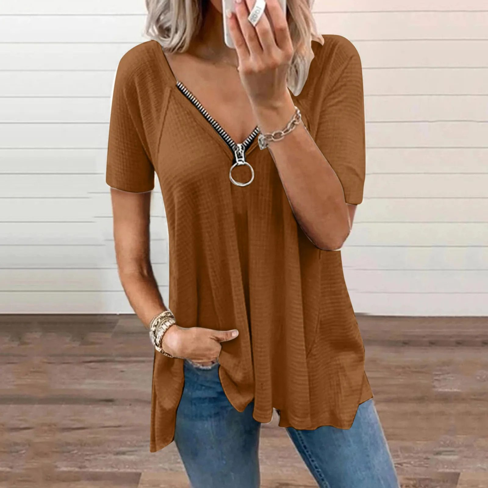 

Женская Повседневная Блузка на молнии с коротким рукавом и V-образным вырезом