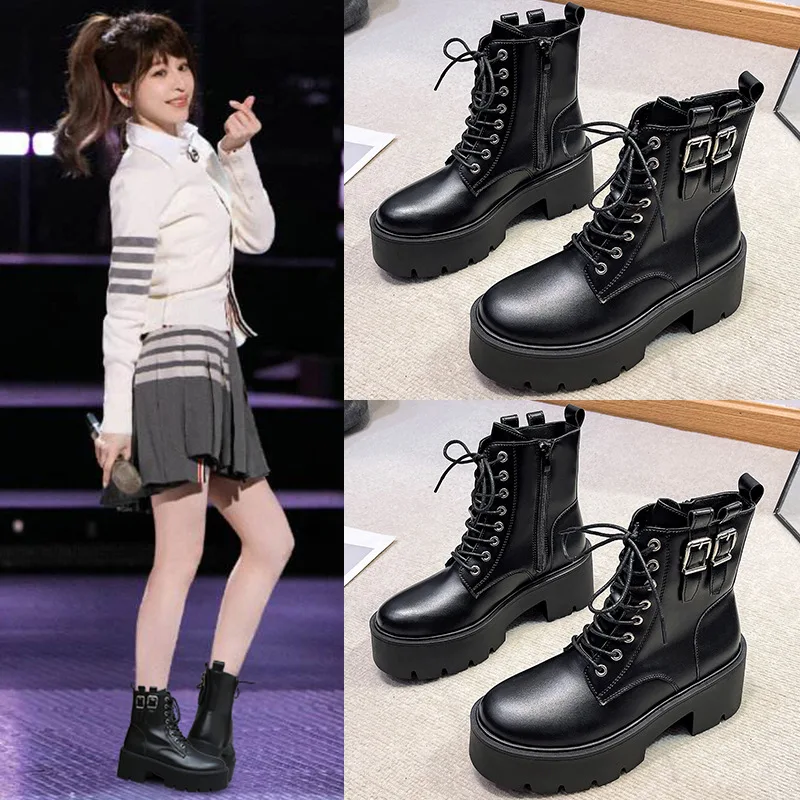 2022 Autumn New Ankle Boots Women Casual Platform Shoes Women PU Leather High Top Thick-heel Motorcycle Boots Female