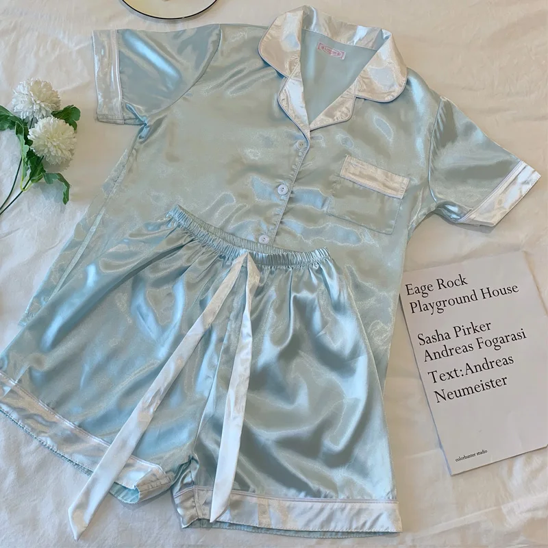 New Women Sleepwear Set Summer Pajama Set Blue Lapel Faux Silk Satin Soft Short Sleeve Casual Female Pijama Girl Home Wear Short