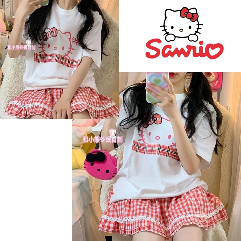 Sanrios Hellokittys Cotton Short-sleeved Skirt Suit East Anime Cute Cartoon Cake Skirt Japanese Kawaii Girl T-shirt Summer New