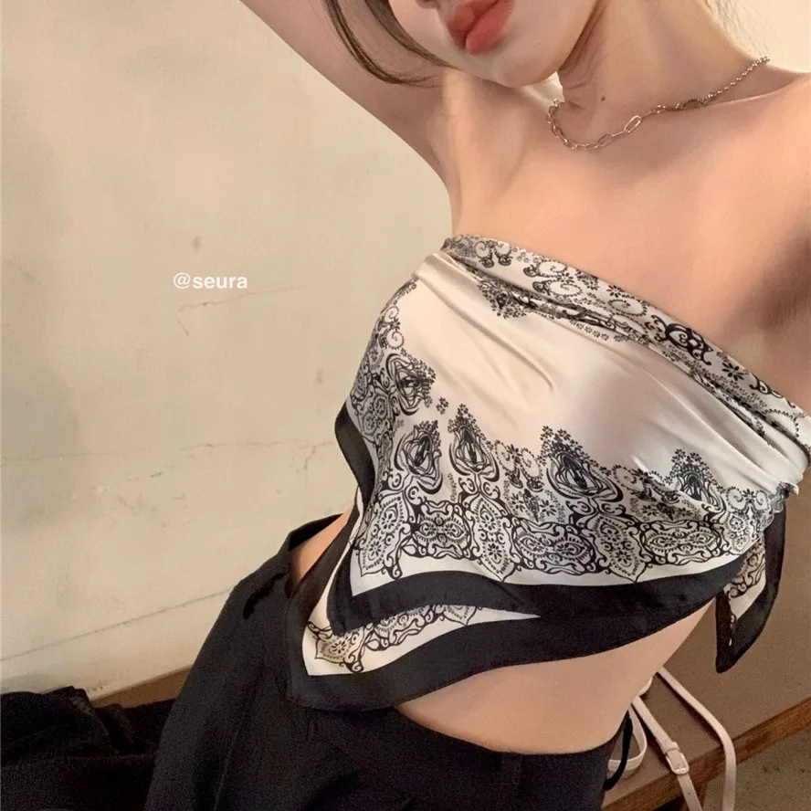 

New Milk Tea Color Big Square Silk Scarf Retro Multi-purpose Tube Top Chinese Style Crop Tank Top Women 2022 Summer Crop Tops