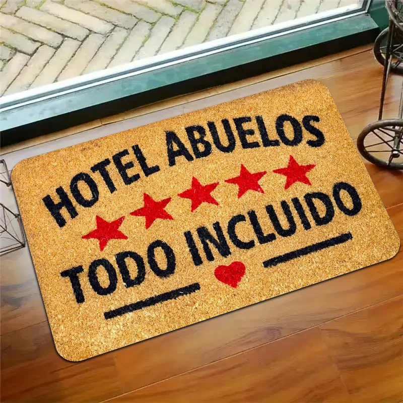 Фото Коврик для прихожей Spanish Text Hotel Abuelos, нескользящий, прочный, моющийся, для дома и патио №1