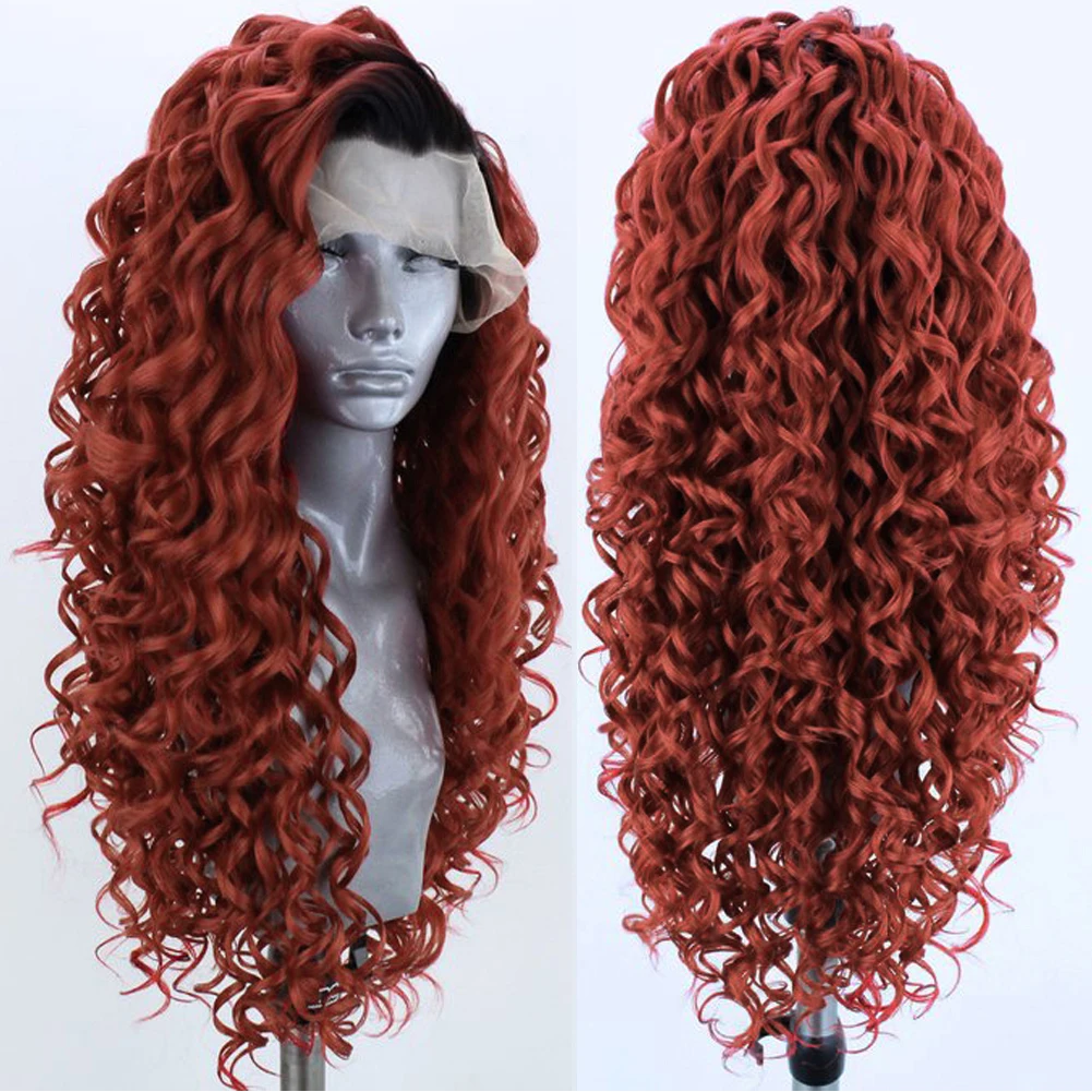 

FANXITION Synthetic Wig Brick Red Deep Wave Lace Front Wigs For Women Heat Resistant Soft Fiber Glueless Cosplay Wig Косплей