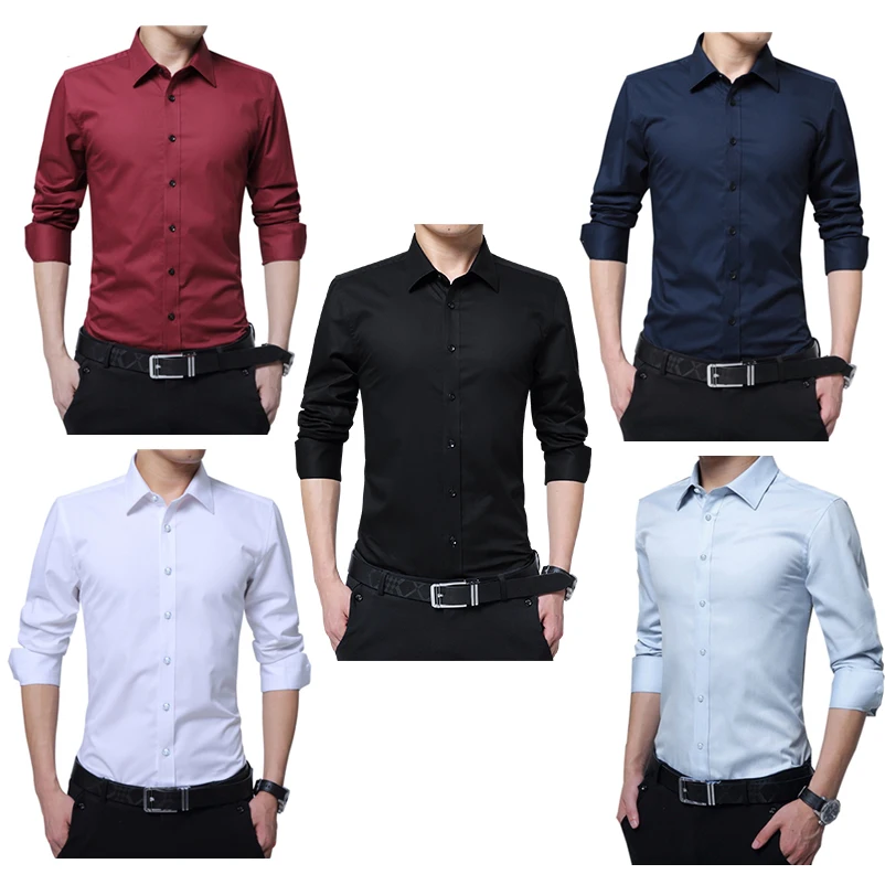Men Dress Shirt Fashion Long Sleeve Business Social Shirt Male Solid Color Button Down Collar Plus Size Work White Black Shirt 3