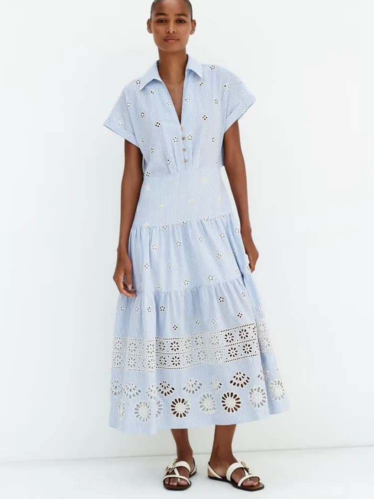 

2023 Summer Fashion New Comfortable Lapel Short Sleeve Layered Stitching Long Skirt Embroidery Hollow Shirt Dress Women's Robe